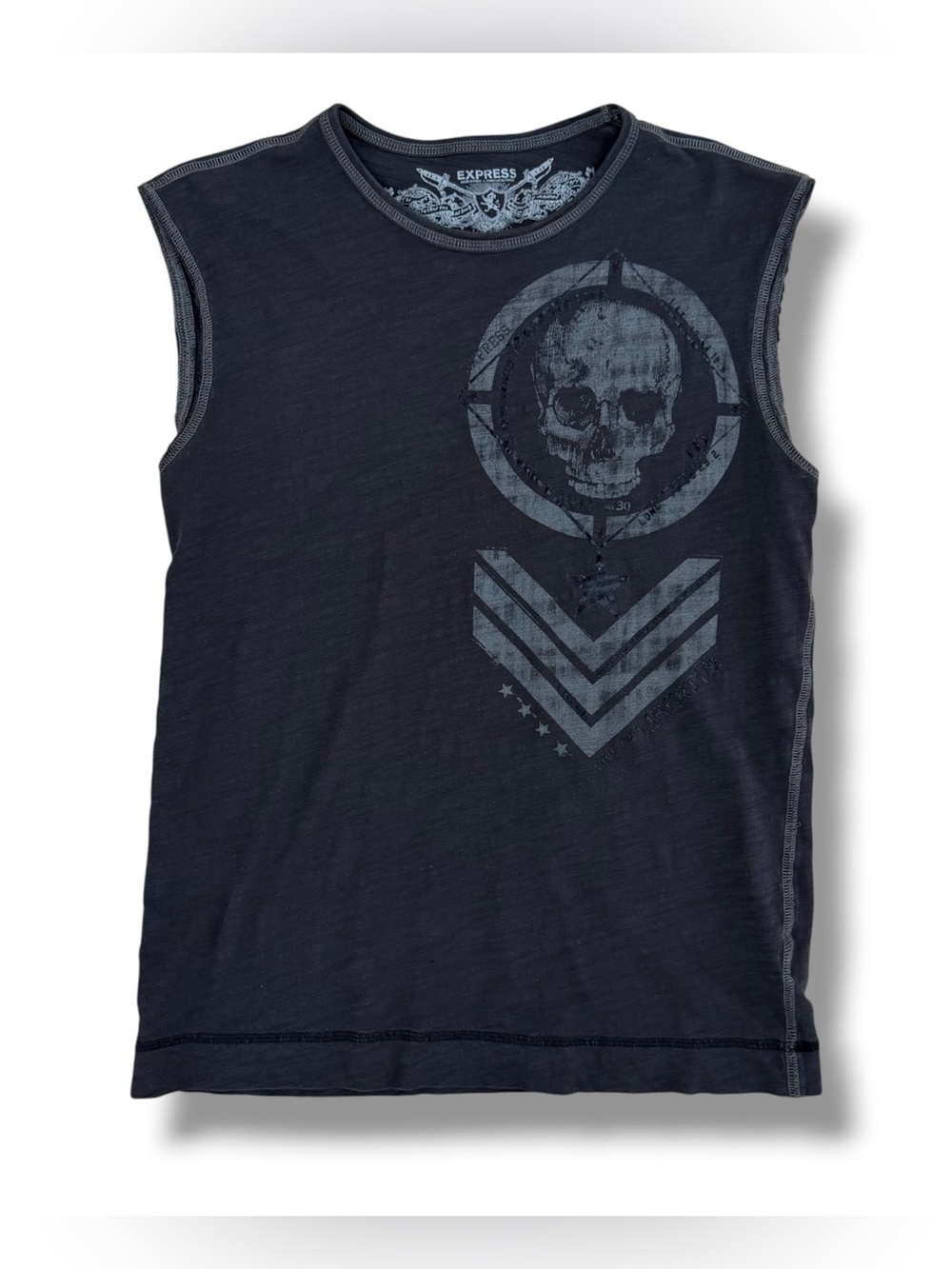 Y2K Express Skull Tank Top Shirt Black Size Medium Grunge Military Vtg